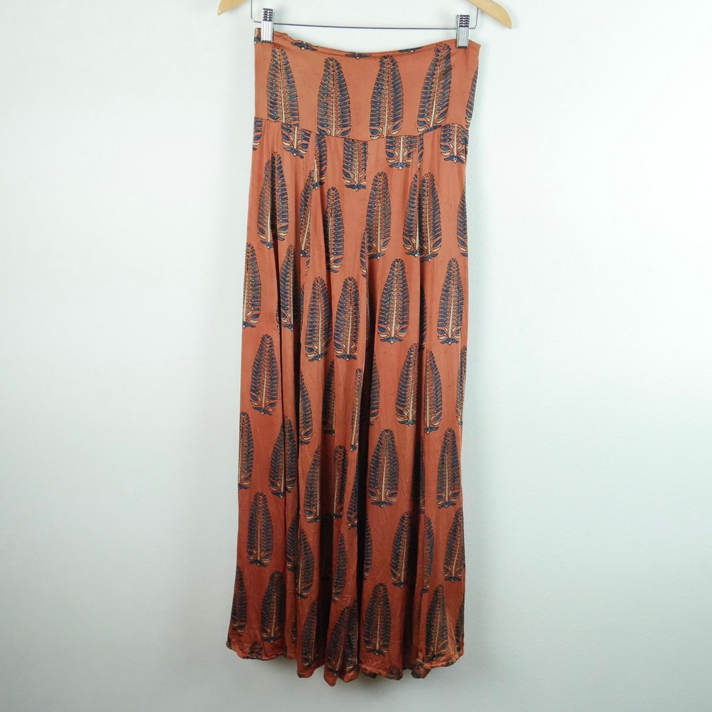 MOMO New York Silk Wide Leg Pants Leaf Print Boho‎ Smocked OS Resort Lounge